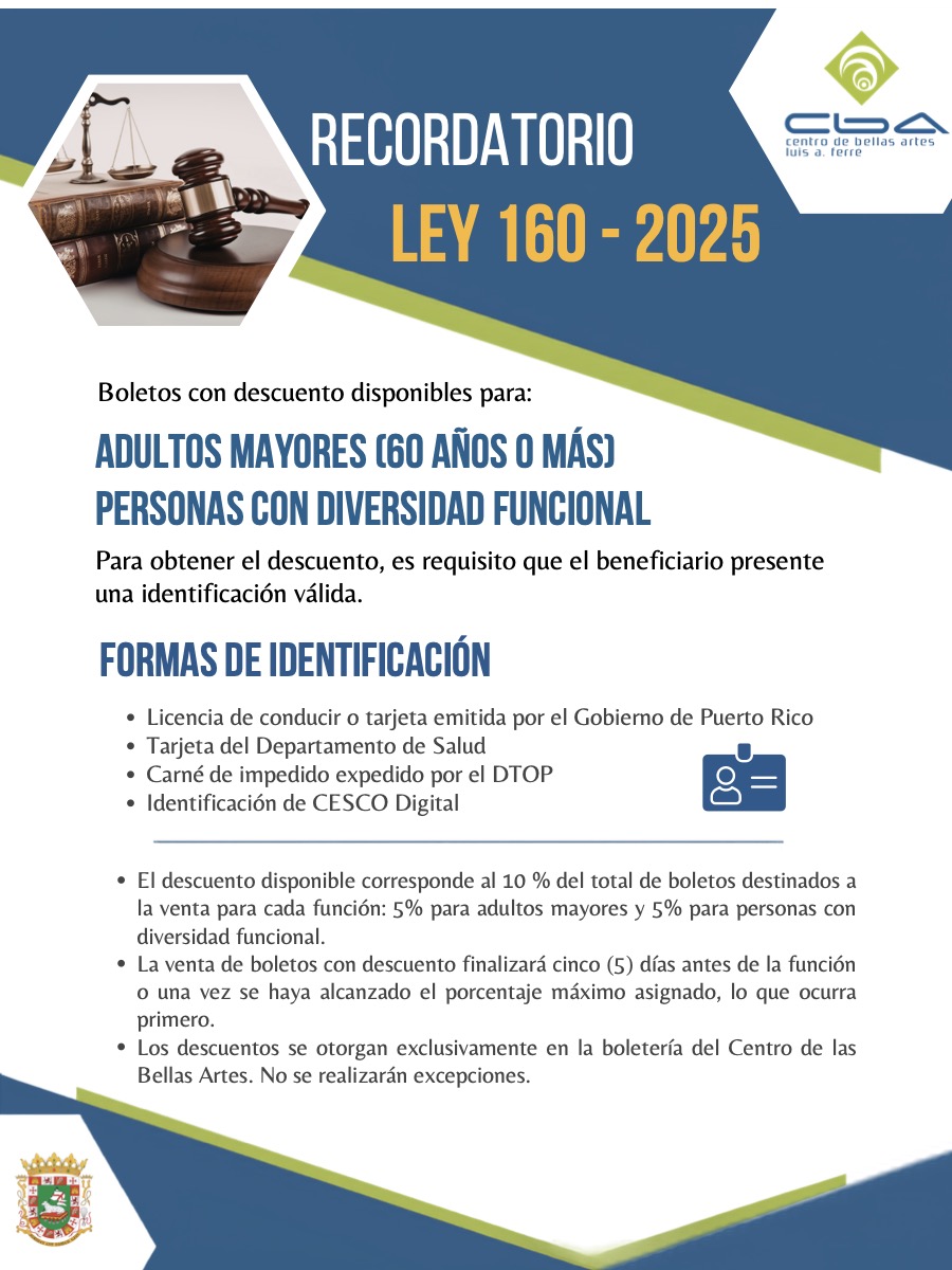 Volante oficial: Recordatorio Ley 160-2025 — Boletos con descuento para adultos mayores de 60 años o más y personas con diversidad funcional
